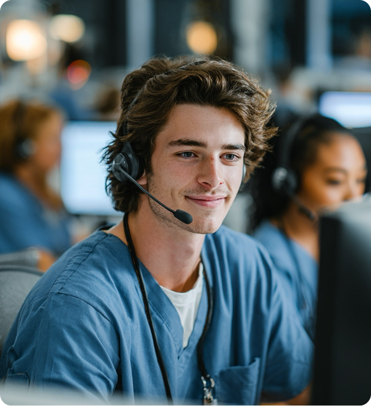 Young medical professional in blue scrubs wearing headset and microphone